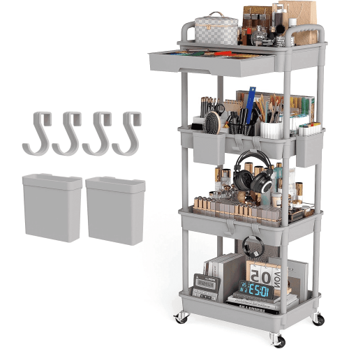 LLMRR 4 Tier Rolling Utility Cart with Drawer, Cart with Drawer & Handle, Bathroom Cart Organizer, Rolling Storage Cart with Drawer, Rolling Cart with Lockable Wheels for Kitchen, Office, Gray
