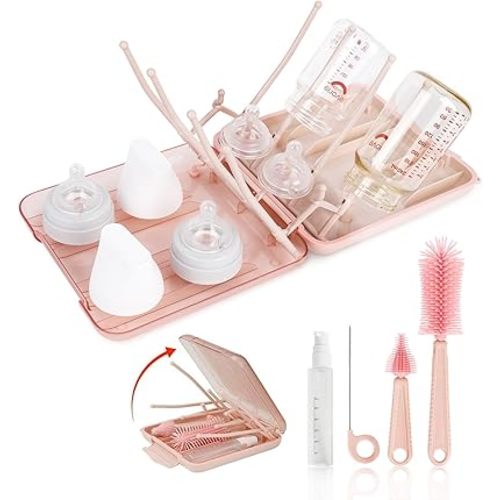 Baby Bottle Brush Set, 6-in-1 Travel Bottle Cleaner Kit with Silicone Bottle Brush, Nipple & Straw Brush, Soap Dispenser, Drying Rack, Storage Box – Compact Baby Travel Essential for Home & On-The-Go
