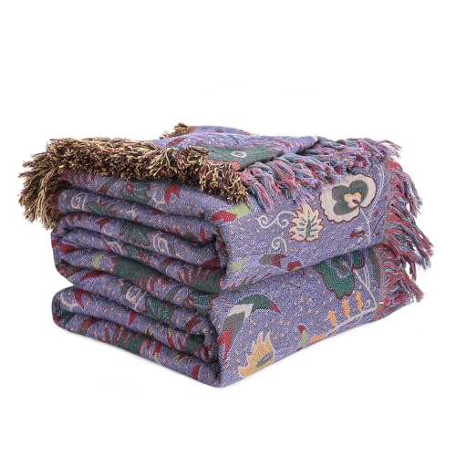 Boho Throw Blanket for Bed 100% Cotton Ultra Soft Rustic Quilt Farmhouse Decor Bed Fall Blanket,All Season Rustic Throw for Sofa Couch Chair (Flower-Purple, 60"×80")