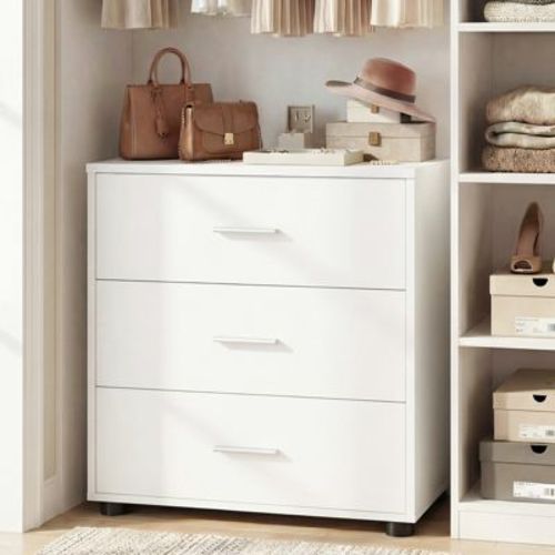 Besiost Closet Cabinet with 3-Drawers, Dresser with Food Pads, Nightstand, White