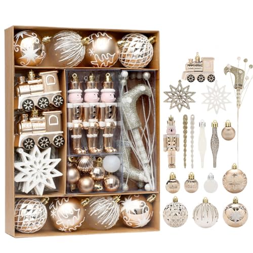 MOJUN 50pcs Christmas Ball Ornaments for Xmas Tree, Christmas Small Baubles Plastic Shatterproof Christmas Ornaments Set Hanging Ball Decorations for Christmas Holiday Party Decor, Champagne Gold