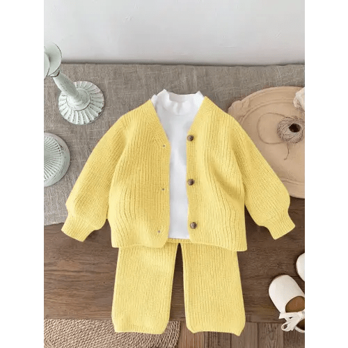 SHEIN LMoss Kids LMoss Baby Girl 2pcs/Set Cardigan And Wide Leg Pants Knit Outfit, Suitable For Outdoor, Casual Occasions In Autumn & Winter Fall | SHEIN USA