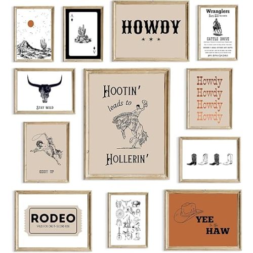 Aroutde 12Pcs Western Cowboy Wall Decor, Southwest Canvas Home Wall Art, Farmhouse Retro Prints Boot Horse Hat HOWDY Posters, Unframed Wall Decor for Home Office Bedrooms Living Room