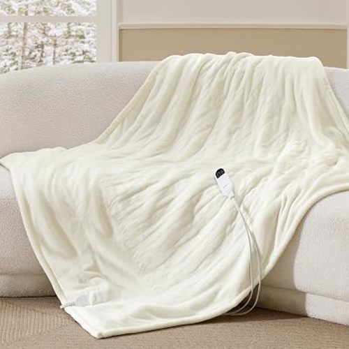 Bedsure Heated Blanket Throw, Soft Electric Blanket with Preheat, Ivory