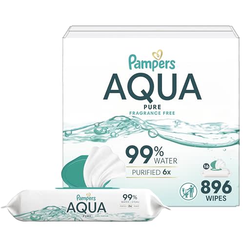 Pampers Baby Wipes Aqua Pure, 99% Water Based Wipes, Hypoallergenic and Unscented Infant Wipe, 896 Total (16 Flip-Top Packs)