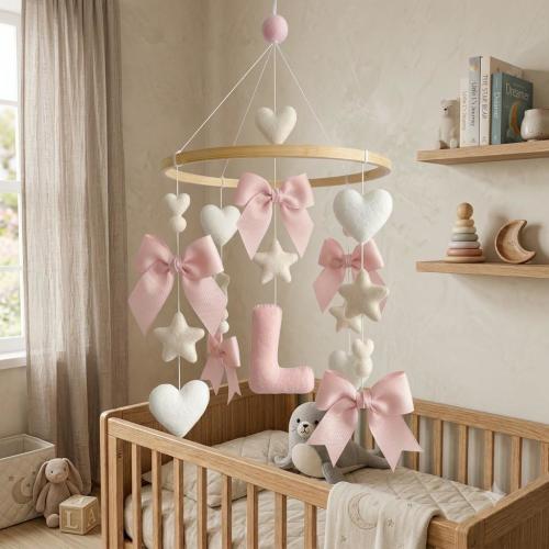 Custom Name Pink Bow Baby Mobile, Felt Heart Star Crib Mobile, Coquette Nursery Decor, Pastel Baby Girl Mobile, Newborn Baby Shower Gift