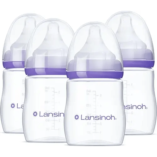 Lansinoh Anti-Colic Baby Bottles, BPA-Free Plastic, 5 Ounces, 4 Count, Extra Slow Flow Nipples (Size XS), Breastfeeding Bottle with NaturalWave Design
