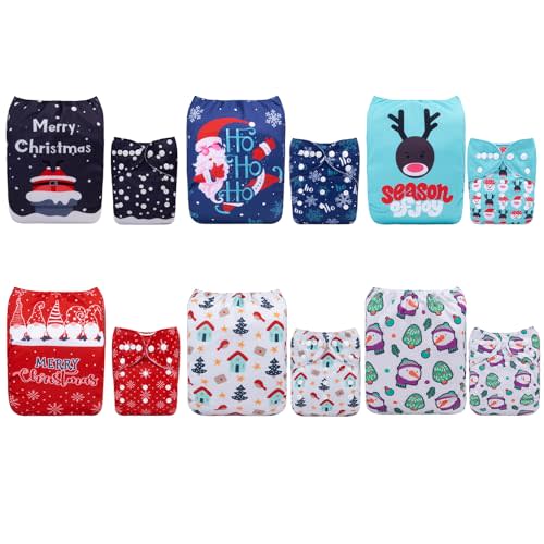 ALVABABY Christmas Baby Cloth Diaper 6 Pack with 12 Inserts One Size Cloth Diaper Covers Adjustable Washable Reusable for Baby Girls and Boys