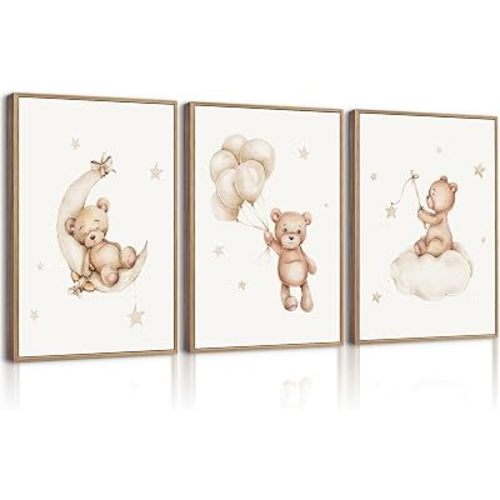 Baccone Bear Nursery Wall Art Decor Set of 3 Teddy Bear Canvas Wall Art Baby Boy Nursery Decor Prints Neutral Pictures Moon Star Cloud Print for Girls Children Room 12x16 Inch Unframed