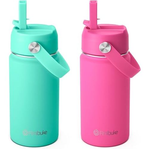Fimibuke Kids Insulated Water Bottle, 14oz BPA FREE Double Wall Vacuum Travel Tumbler 18/8 Stainless Steel Leak Proof Kids Cups with Straw Metal Water Bottle for School Boy Girl (2 Pack, Hawaii)