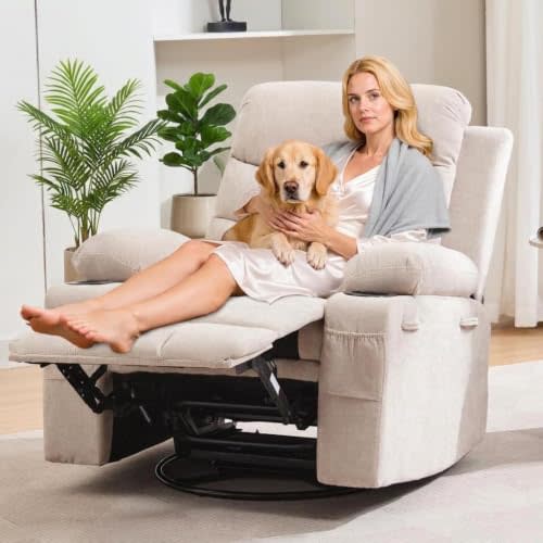 Garvee Oversized Swivel Recliner Chair with Massage and Heat for Adults | 360° Manual Rocking Recliner for Big and Tall, Wide Seat Reclining Chair, Ergonomic Lounge Sofa for Adults, Supports 400 Lbs