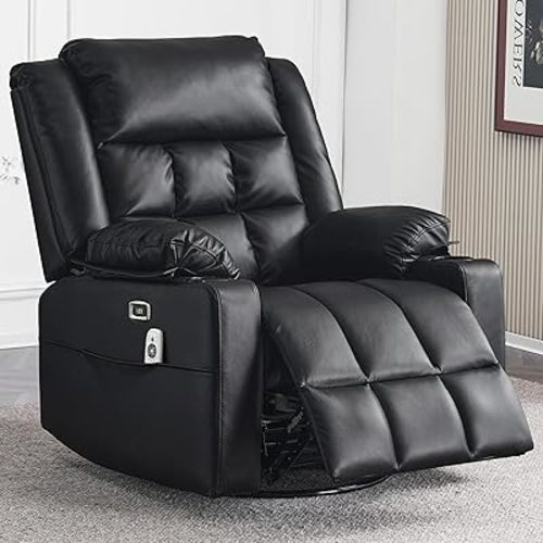 Power Swivel Rocker Recliner Chair for Adults with Massage and Heat, USB and Type-C Ports, Infinite Position, Electric Leather Glider Reclining Single Sofa Chair for Living Room(Black)