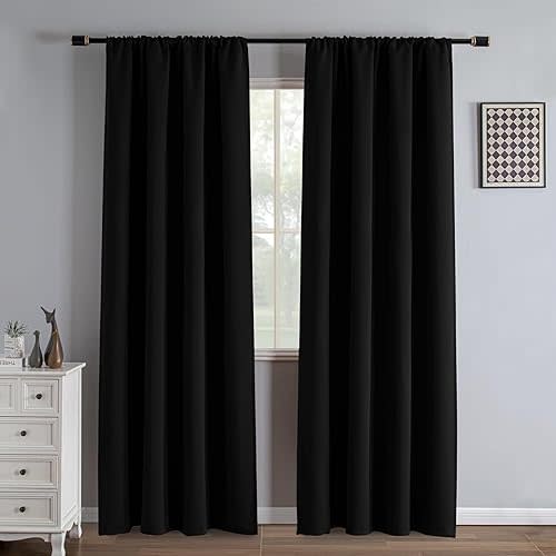 Black Blackout Curtains 84 Inch Length 2 Panels Set, Black Out Curtains for Bedroom 84 Inch Long, Rod Pocket Energy Saving Room Darkening Drapes for Living Room Window(W52 x L84)
