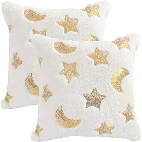 Holibeat White Moon Star Sequins Pillow Covers Ramadan Fur Cushion Covers 18x18 inch DecorationThrow Pillow Cases (Pack of 2)