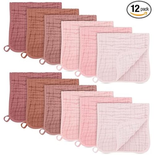 SWEET DOLPHIN 12 Pack Muslin Burp Cloths Large 100% Cotton Burping Clothes for Baby Drool - Absorbent and Soft Boys & Girls Milk Spit Up Rags for Newborn Essentials Registry - Dewy Petal