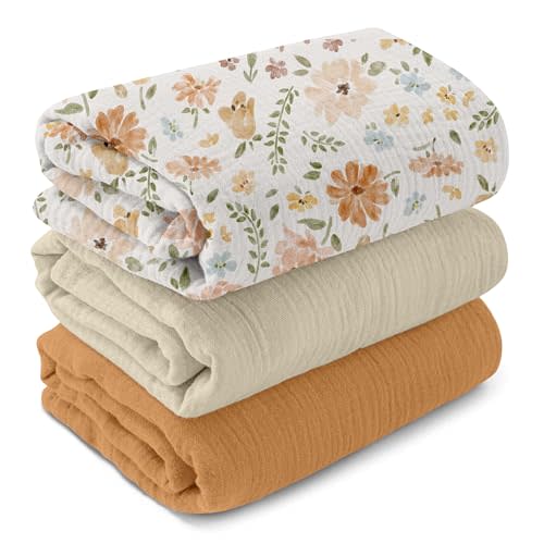 GLLQUEN BABY Muslin Swaddle Blankets,3-Pack Receiving Blankets for Newborn Boys and Girls,Baby Swaddle Blanket Unisex,Earth-Toned Boho Florals,Baby Essentials, Registry & Gift, 40 x 38 inches