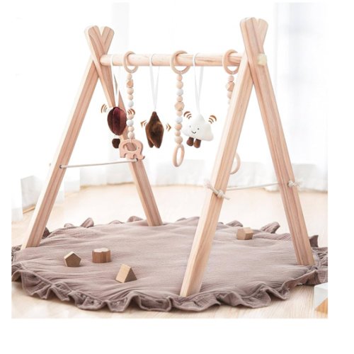 Razee Wooden Baby Play Gym Play Mat, Foldable Baby Gym with 6 Hanging Sensory Toys for Newborn Shower Gift