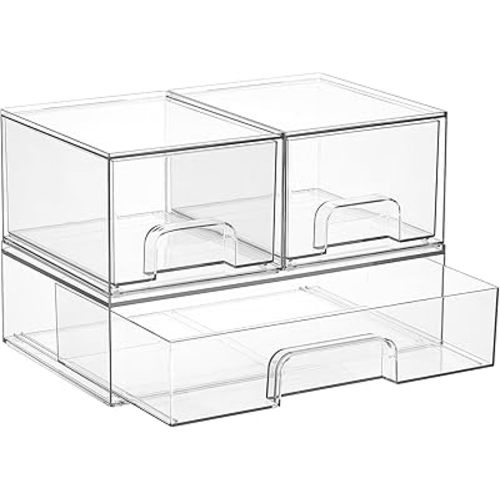 Vtopmart Stackable Storage Drawers Set of 3,Clear Plastic Organizer Bins for Makeup, Cosmetics, Beauty Supplies,Ideal for Vanity, Bathroom,Cabinet,Pantry Organization