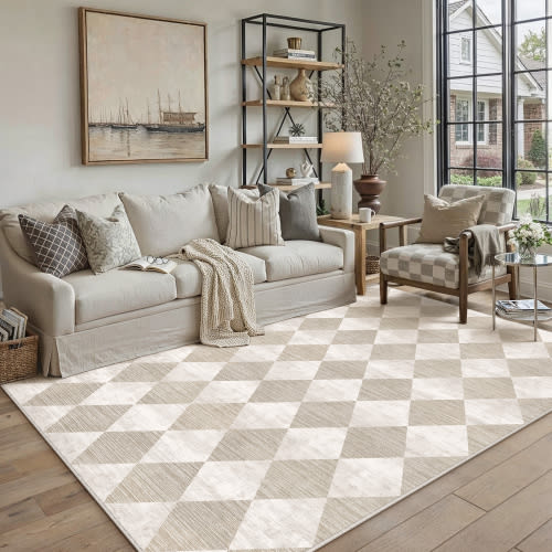 BERTHMEER 5'x7' Area Rugs for Living Room Modern Rhombus Checkered Rugs Bedroom Office Dining Room Farmhouse Geometric Contemporary Washable Non Slip Rugs Carpets,Beige