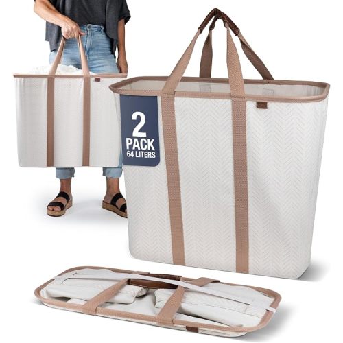 CleverMade Collapsible Fabric Laundry Hamper Premium, Cream Herringbone, 2 Pack