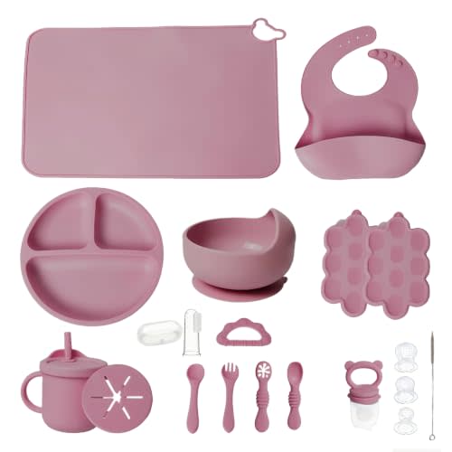 19 Pcs Silicone Baby Feeding Set Eating Essentials for Newborn | Toddler Plates and Bowls Set with Bib Sippy Cup Fruit Feeder Freezer Tray Fork & Spoon Infant Led Weaning Supplies Utensils