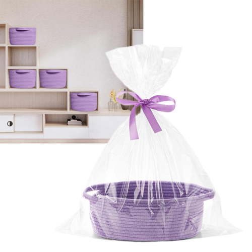 Small Basket With Gift Bag And Ribbons 12"X 8" X 5" Cute Small Woven Basket Rope Shelf Toys Storage Basket With Handle Decorative Empty Gift Basket Cotton, Purple A