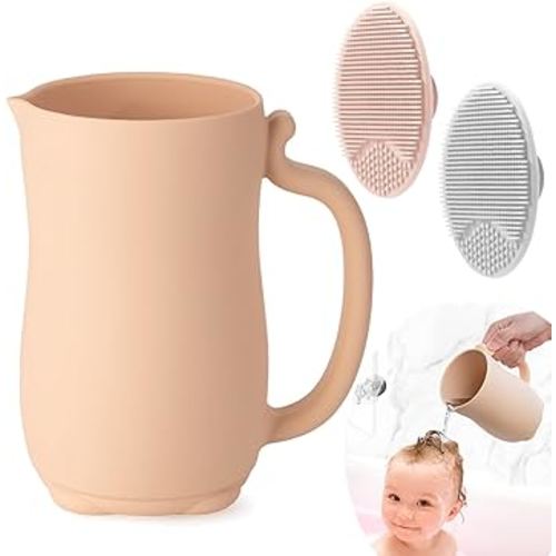 PandaEar Baby Bath Rinse Cup, Silicone Baby Shampoo Rinser with 2 Pack Cradle Cap Brush for Kids Toddler Body Washing (Pink)