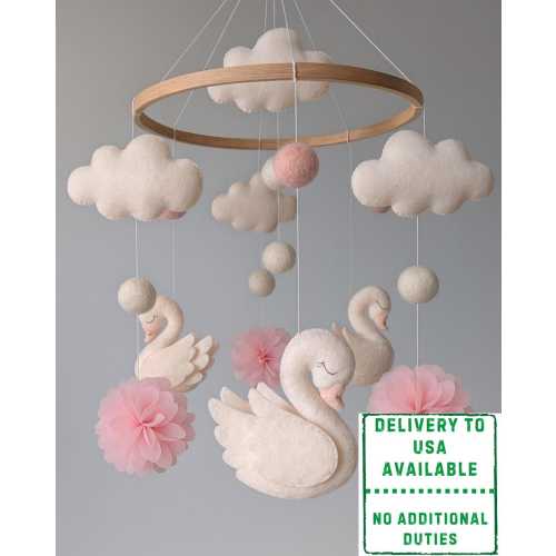 Felt Swan Mobile with Flowers: Handmade Baby Girl Nursery Decor