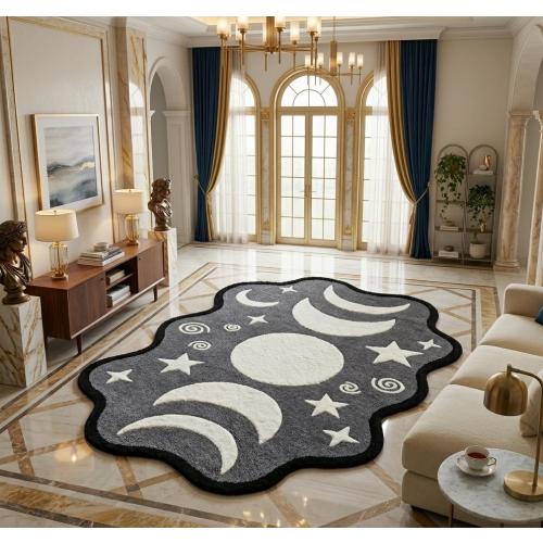 Celestial Moon Phase Rug, Scalloped Tufted Area Carpet, Whimsigoth Bedroom Decor