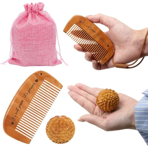 3Pcs Birth Comb Acupressure Massage Ball Set, Natural Wooden Comb & Ball Set for Labor Pain, Back, Hips - Gift for Pregnant Moms with Storage Bag & Lanyard