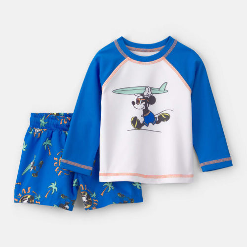 Baby Boy 2-Piece Disney© Mickey Mouse Long-Sleeve Rashguard Swimsuit Set - Blue/White | Carter’s Oshkosh Canada