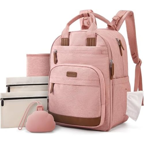 Amazon.com: mommore Diaper Bag Backpack with Waterproof Changing Pad, Insulated Bottle Holders & Pacifier Case, Baby Diaper Bag with 2 Organizer Pouches, Stroller Straps, Pink : Baby