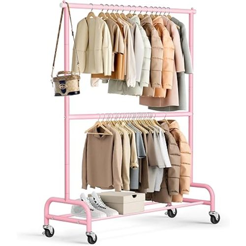 MISSLO Heavy Duty Clothing Racks for Hanging Clothes Rack Double Rod Garment Rack Rolling Closet Wardrobe Rack on Wheels, Metal, Adjustable (Pink)