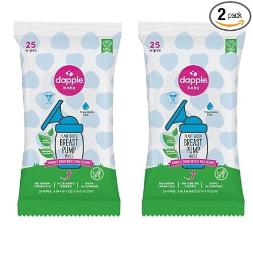 Dapple Breast Pump Wipes, Powered by Plants, Hypoallergenic, Removes Milk Residue, Fragrance Free, Convenient Wipes Pouch, 25 Count (2 Pack)