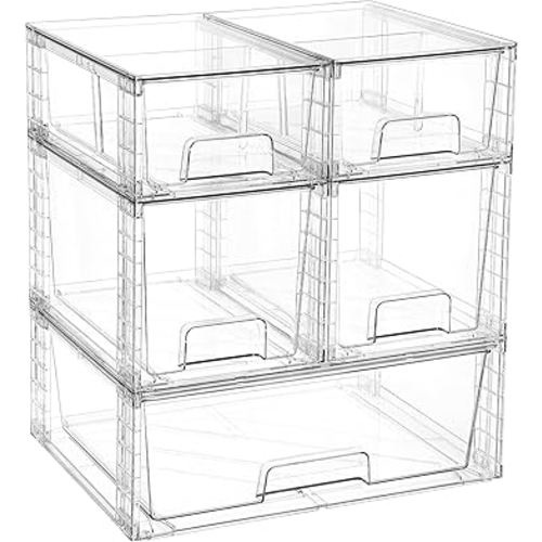 Vtopmart Clear Stackable Storage Drawers Set of 5, Easily Assemble Acrylic Bathroom Undersink Organizers,Plastic Storage Bins for Closet,Cabinet,Pantry,Medicine Organization