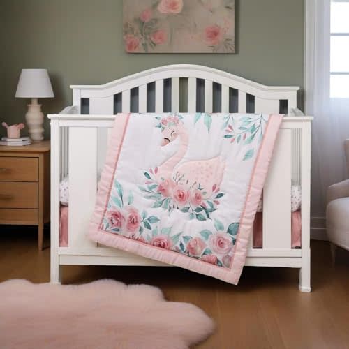 Animals 3pcs Baby Crib Bedding Set (Quilt, Fitted Crib Sheet, Crib Skirt) Pink Nursery Bedding Set for Girls Crib Bedding Sets for Girls (Swan)