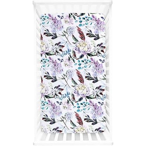 Crib Sheets for Girls Boys, HNHUAMING Ultra Soft Neutral Crib Fitted Sheets, Boho Breathable Universal Crib & Baby Mattress Sheet Set, Purple Floral