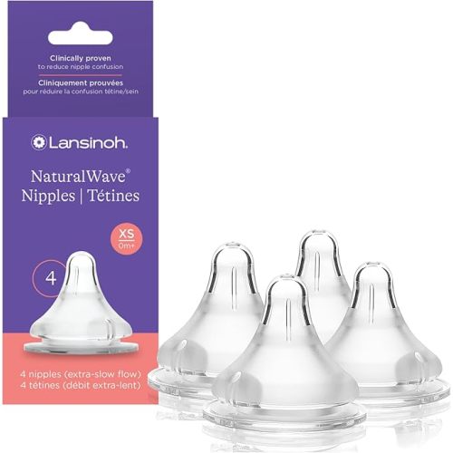Lansinoh NaturalWave Baby Bottle Nipples – 100% Soft, Durable Silicone, Made Without BPA BPS, Anti-Colic, Supports Baby’s Developing Mouth and Teeth, Extra Slow Flow, Size XS, 4 Count, 0+ Months