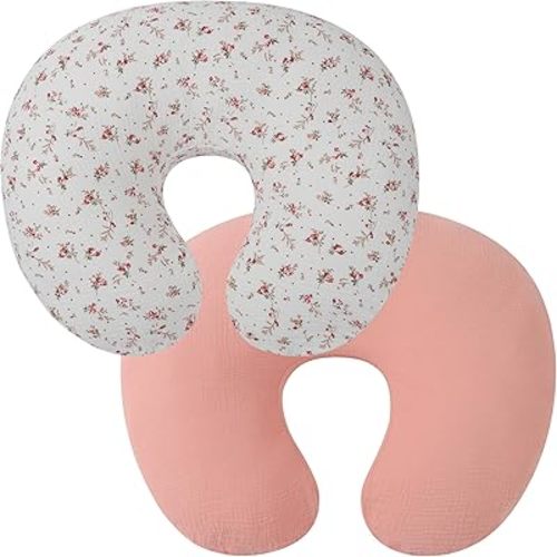 Onacosht Muslin Nursing Pillow Cover 2 Pack 100% Cotton Ultra Soft Breastfeeding Pillow Covers for Baby Boy and Girl, Pink and Floral