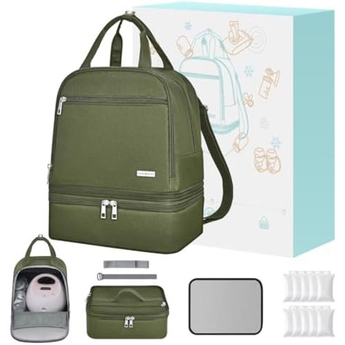 Breast Pump Bag with Insulated Cooler, Double-Layer Pumping Bag for Work & Travel, Fits Most Electric Breast Pumps, Includes 10 Ice Packs & Waterproof Mat, Detachable Bottle Cooler Tote, Green