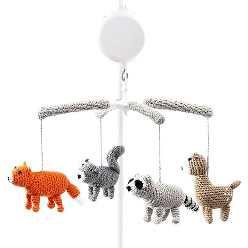 Joliecraft Jungle Animals Musical Baby Mobile for Crib, Handmade Nursery Crib Mobile in Gray, tan, Orange