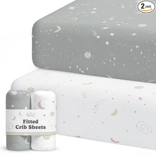 Crib Sheets Neutral - Fitted Baby Crib Sheets Bed for Girl Boy - 2 Pack Standard & Toddler Mattress (Galaxy, Moon, and Stars) - Buttery Soft Organic Cotton Blend