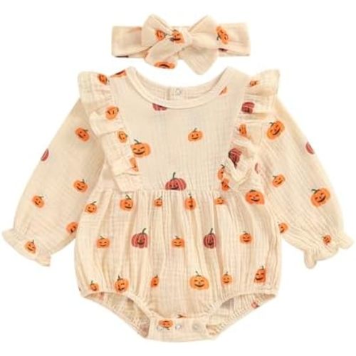 Fall Baby Girl Clothes Pumpkin Long Sleeve Bubble Romper Ruffle Bodysuit Jumpsuit Halloween Outfit with Headband
