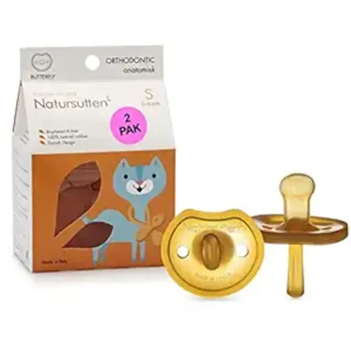 Natursutten 2-Pack Natural Rubber Pacifiers - Safe & Soft BPA-Free Pacifier for Breastfeeding Babies, Made in Italy, Butterfly Shield Orthodontic Nipple, Newborn 0-6 Months