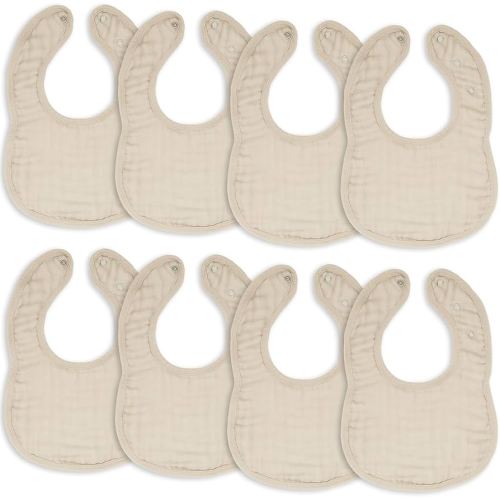 Comfy Cubs Muslin Bibs for Babies, Pack of 8 - Soft and Highly Absorbent, Feeding, Drool and Teething Bib, Adjustable Snaps - Stylish & Colorful Unisex Designs, Giftable Set - Sand