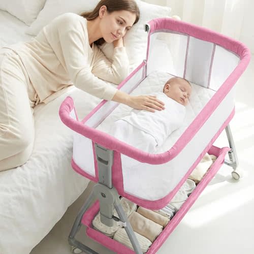 Luvkixen Bedside Bassinet for Baby, Sturdy 3 in 1 Bedside Sleeper with Mattress & Wheels, Height Adjustable, Breathable Mesh, Storage Basket, Easy to Assemble for Baby Girl, Pink