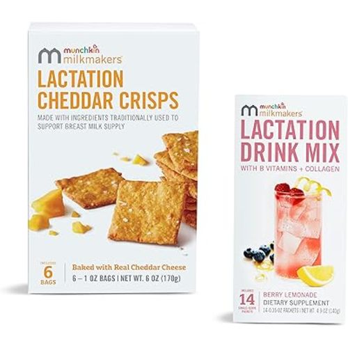 Munchkin® Milkmakers® Lactation Drink Mix Supplement with B Vitamin & Milk Thistle, 14 Count and Lactation Cheddar Crisps for Breastfeeding Moms with Oats and Flax, 6 Count