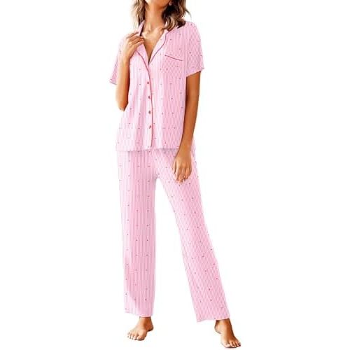 Avidlove Women Pajamas Set Notch Collar Soft Sleepwear Pjs Short Sleeve Button Down Nightwear with Long Pants