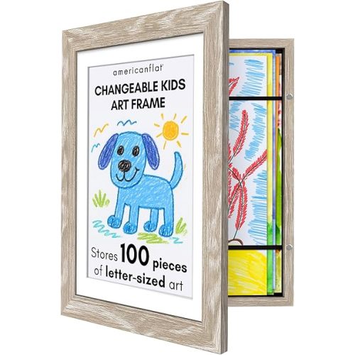 Americanflat Kids Artwork Frame Changeable (Driftwood) - Magnetic Door Holds 100 Art Pieces - 8.5x11 Letter Size Display with Mat or 10x12.5 Without Mat - My Mini Masterpiece