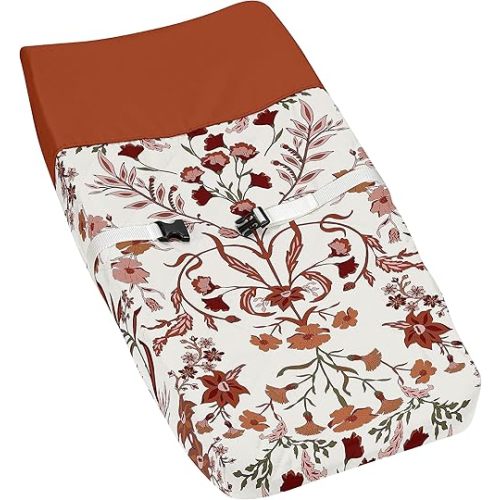Sweet Jojo Designs Ivory and Orange Boho Vintage Floral Girl Baby Changing Pad Cover Infant Newborn Diaper Table Change Mat Sheet Bohemian Rust Daisy Botanical Flower Farmhouse Green Fringe Tassel